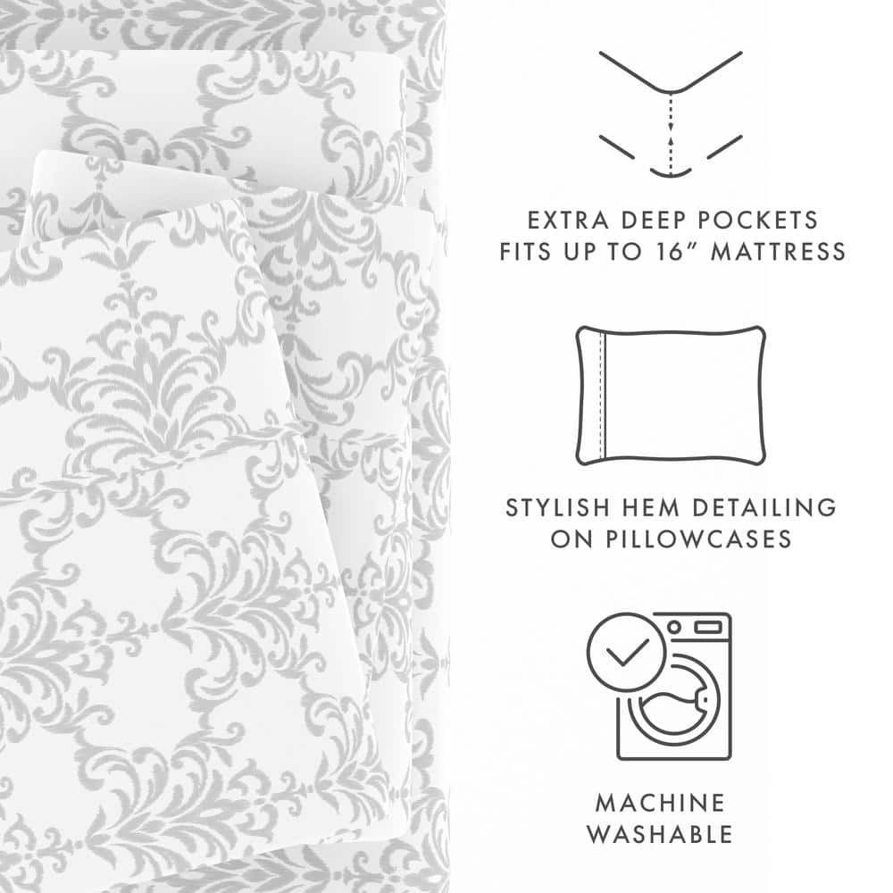 Light Gray Floral Print Microfiber Queen Sheet Set