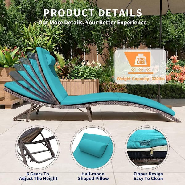 3-Piece Wicker Outdoor Adjustable Chaise Lounge with Cushion Blue