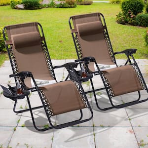 Brown Zero Gravity Folding Chair Patio Recliner with Adjustable Headrest And Side Tray(Set of 2 Chairs)