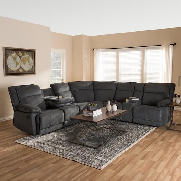 Baxton Studio Sabella 7 Piece Dark Gray, Grey Fabric Sectional Sofa With Recliner And Chaise Lounge