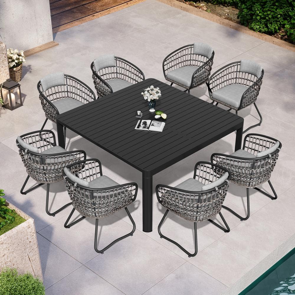 9-Piece Metal Extendable Outdoor Dining Set with Gray Cushion, Aluminum Extension Table and Steel Rattan Chairs
