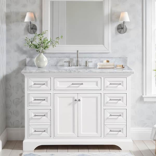 Windlowe 49 in. Single Sink White Bath Vanity with White Carrara Marble Top (Assembled)
