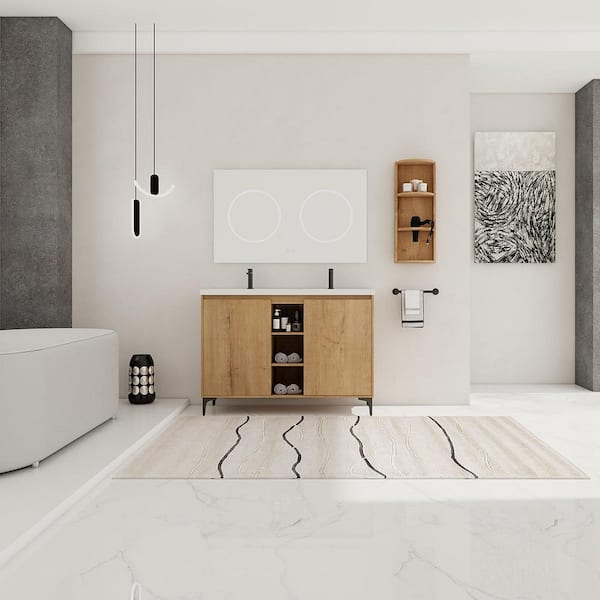 Marsyas 48 in. W x 18.3 in. D x 34.6 in. H Double Sink Freestanding Imitative Oak Bath Vanity with White Resin Top