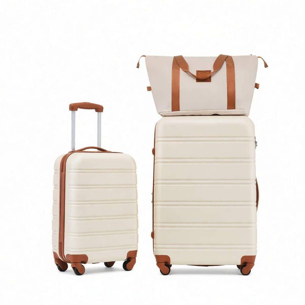 2-Piece Brown and White Lightweight ABS Plastic Hardside Spinner Suitcase with TSA Lock Luggage Set