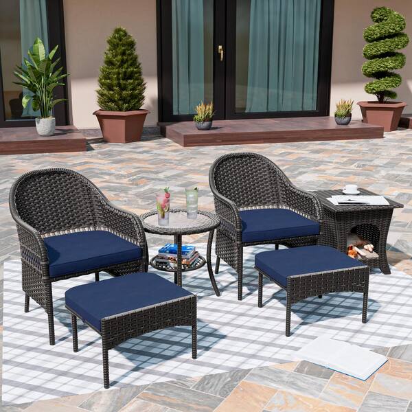 6-Piece Outdoor Wicker Patio Conversation Seating Set with Blue Cushions and Pet Side Table