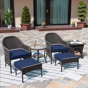 6-Piece Outdoor Wicker Patio Conversation Seating Set with Blue Cushions and Pet Side Table