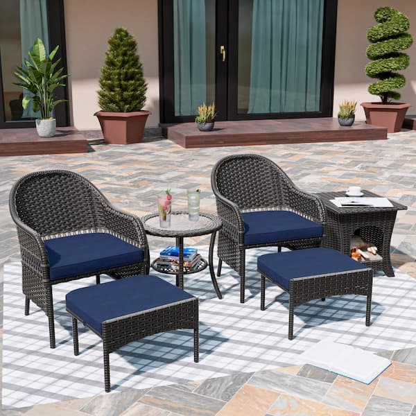 6-Piece Outdoor Wicker Patio Conversation Seating Set with Blue Cushions and Pet Side Table