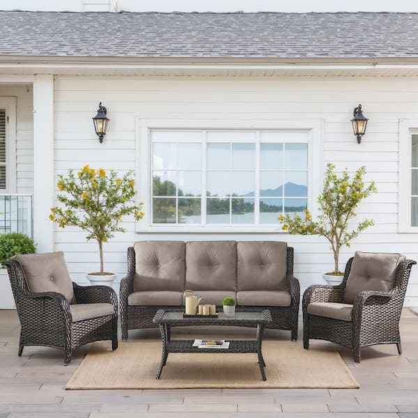 Carlos 4-Piece All-Weather Brown Wicker Patio Conversation Set with Armchairs, CushionGuard Gray Cushions