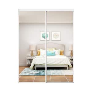72 in. x 80 in. Mirror White Glass Frame Interior Closet Sliding Door with White Trim and Hardware Kit