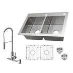 All-in-One Dual Mount 18-Gauge Stainless Steel 33 in. 2-Hole 50/50 Double Bowl Kitchen Sink with Pull Down Faucet