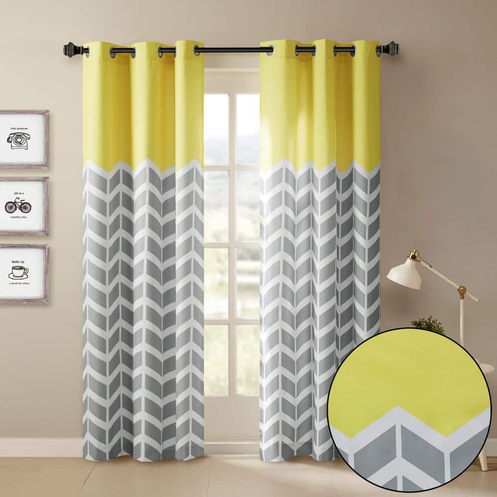 Yellow and Gray Chevron Room Darkening Grommet Curtains, 42x84, 2-Panel Set