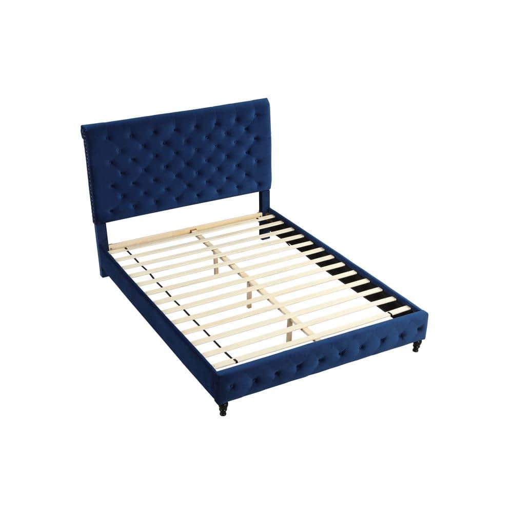 Queen Blue Velvet Tufted Upholstered Bed with Nailhead Trim