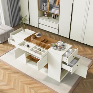 Cream White 6-Drawer 60.4 in. W Island Vanity Dresser with Brown Glass Tabletop, Glass Open Shelf, Jewelry Storage Tray