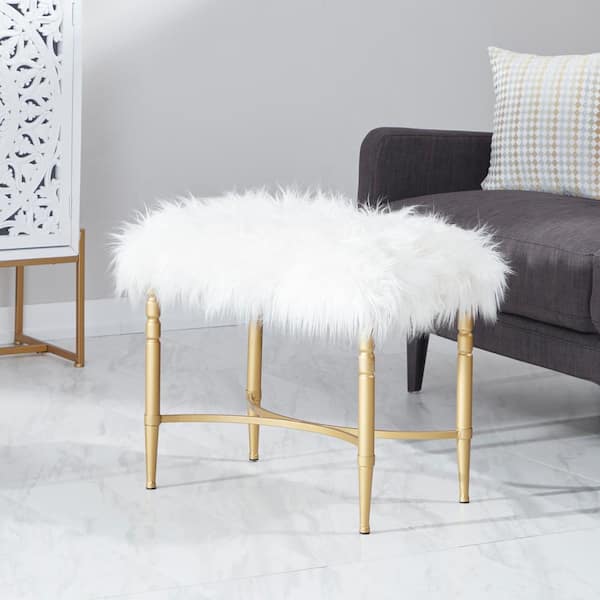 Metal And Faux Fur White Stool, White Fuzzy Chair For Vanity