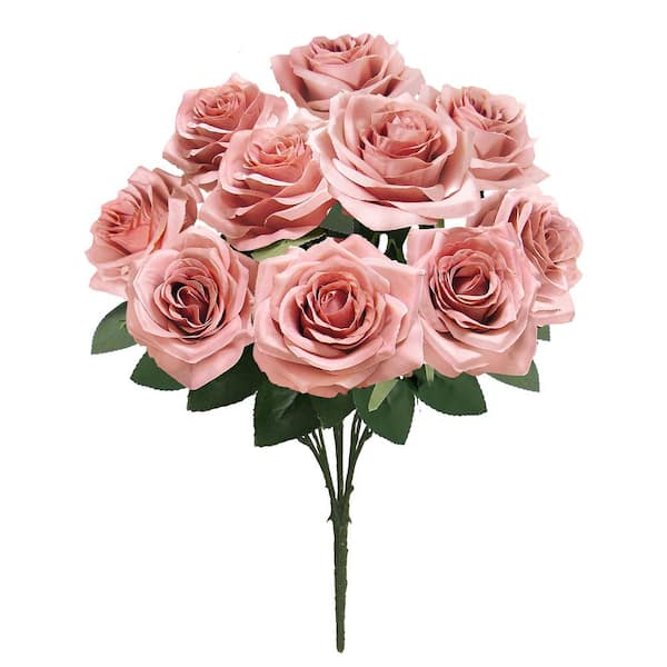 LIVING LUXURY 18 in. Deluxe Dusty Mauve Artificial Queen Rose Flower Stem Bush Bouquet (Set of 2)