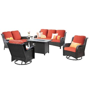 Amber 6-Piece Wicker Patio Rectangular Fire Pit Sets and Swivel Rocking Chairs with Orange Red Cushion