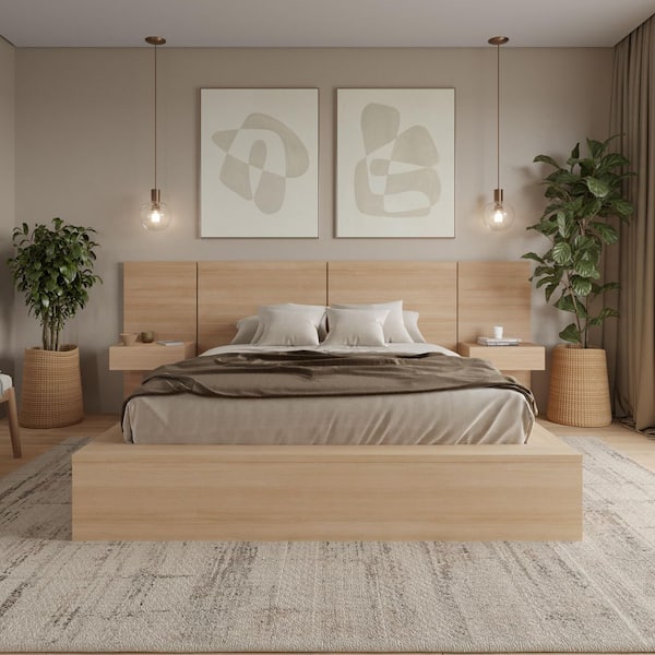 James 4-Piece Natural Blonde Oak Full Size Bedroom Set With Floating Nightstands