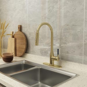 Modern Single Handle Pull Down Sprayer Kitchen Faucet with Deckplate and Water Supply Hoses in Brushed Gold