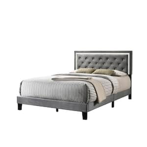 Kim Dark Gray Velvet Upholstered Panel Queen Bed Frame with Faux Crystals on Headboard