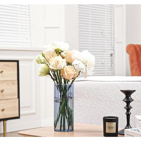 Unbranded Glass Cylinder Vases, 8 in. Tall orange Ribbed Vase Hurricane Floating Candle Holder Blue