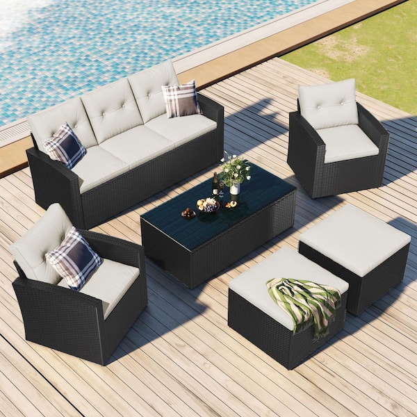 AUTMOON 6-Piece Outdoor Patio Furniture Conversation Set, All-Weather Wicker Sectional Sofas Set with Beige Cushion