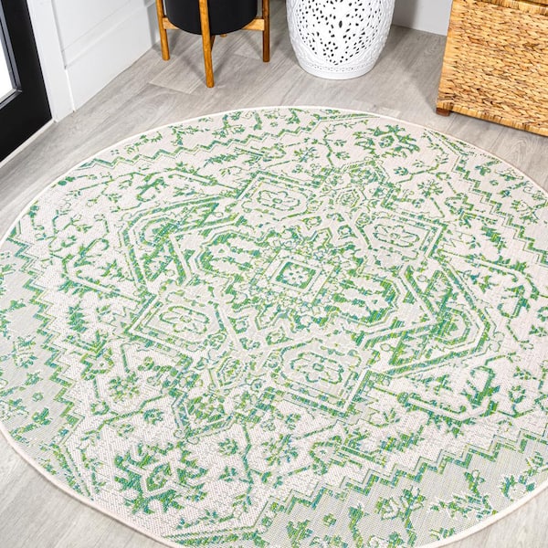 Estrella Bohemian Medallion Textured Weave Green/Cream 5 ft. Round Indoor/Outdoor Area Rug