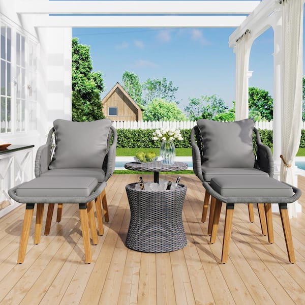 Zeus & Ruta 5-Piece Black Wicker Patio Conversation Set with Grey Cushions and 1 Cool Bar Table for Porch, Backyard