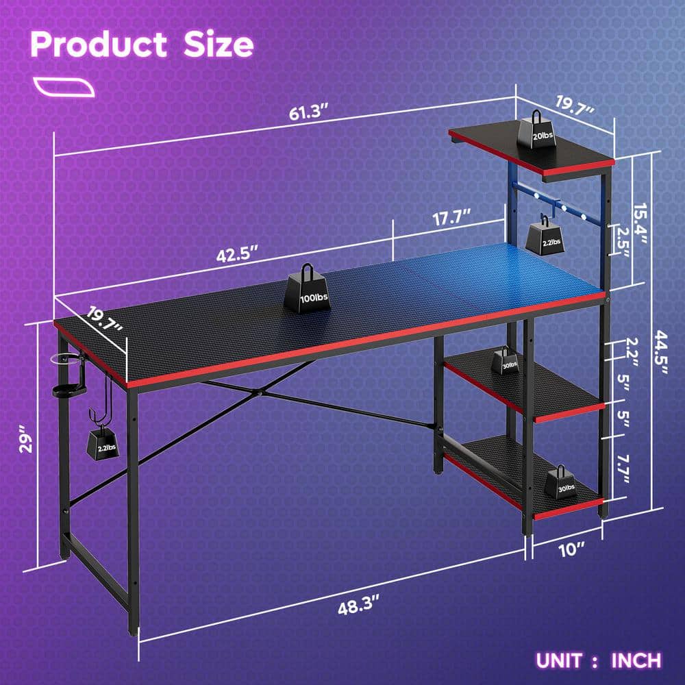 Bestier 61 Inch Black Carbon Fiber Gaming Desk with Shelves