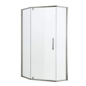 WELLFOR 34 in. x 72 in. Neo Angle Pivot Semi Frameless Corner Shower Enclosure in Brushed Nickel
