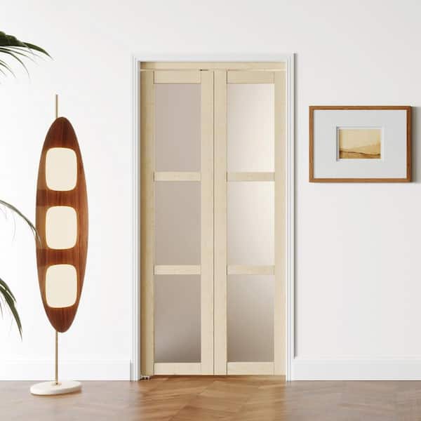 36 in x 80 in, Frosted Glass, Solid Core, Light Brown, 3 Lite, MDF Wood, PVC Covering Bi-Fold Doors with Hardware Kits