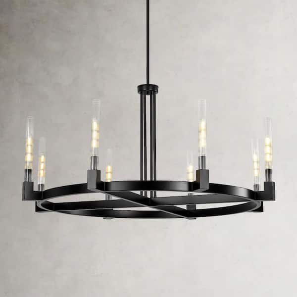 Rennnsan Lydia Black 8-Light Circular Cross Frame Chandelier with Ribbed Glass Tubes Shades