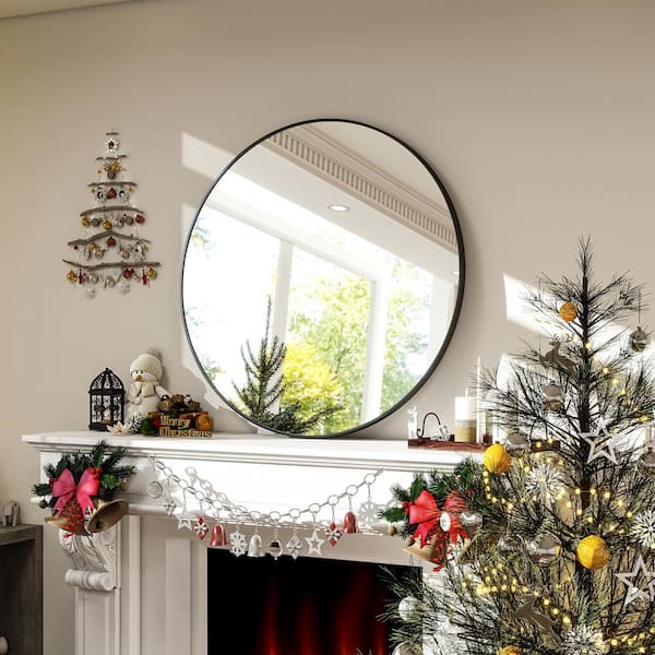 24.1 in. W x 24.1 in. H Round Black Aluminum Alloy Framed Wall Mirror