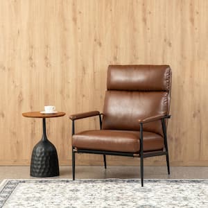 Mid-Century Modern Brown Leatherette Armchair With High Back and Padded Arms