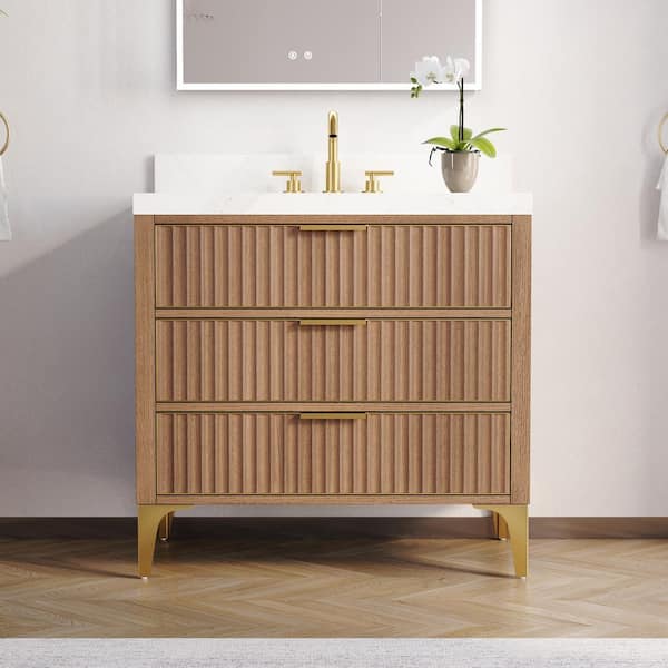 36 in. Solid Oak Wood Bath Vanity in Walnut with White Calacatta Quartz Top Soft-Close Drawers Assembled