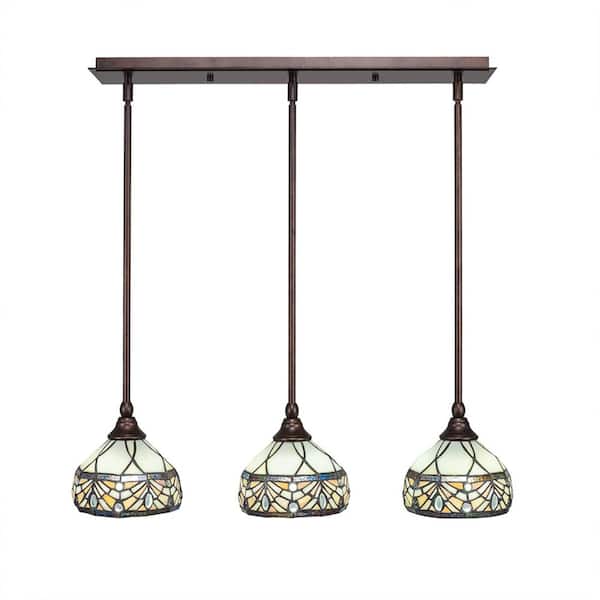 Unbranded Livingston 100-Watt 3 Light Bronze, Linear Pendant Light with 7 in. Royal Merlot Glass Shades No Bulbs Included