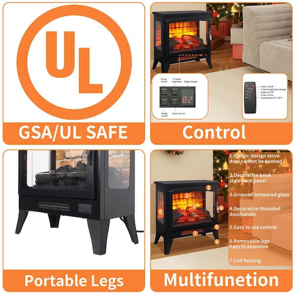 21 in. Freestanding Fireplace Heater 400 sq. ft.,Three-Sided Electric Stove,1400W Heater with 3D Flame,Remote in Black