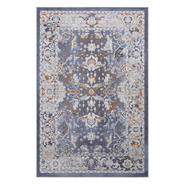 7 X 10 Blue Floral Washable Area Rug for Bedroom, Dining Room, Living Room