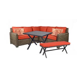 Laguna Point Brown Steel Wood Top Outdoor Patio Bench with CushionGuard Quarry Red Cushions
