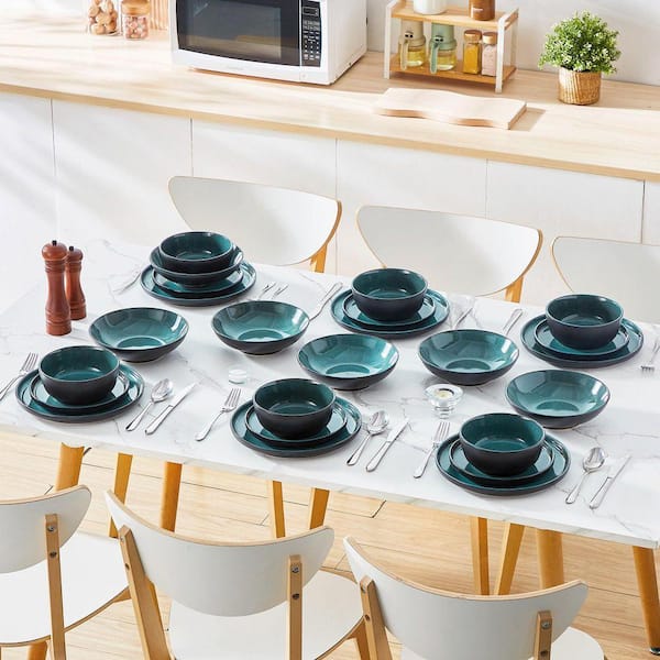 vancasso 24-Piece Black and Green Stoneware Dinnerware Set Service for 6 Bowl and Plate Dinner Set Dishware with Plates Bowls