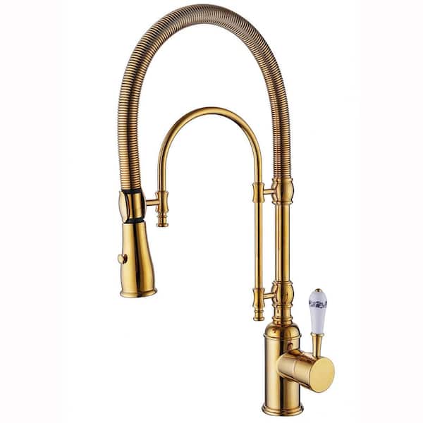 FLG Single Handle Pull Down Sprayer Kitchen Sink Faucet with 360° Spout Swivel Brass Commercial 21.26 in Polished Gold