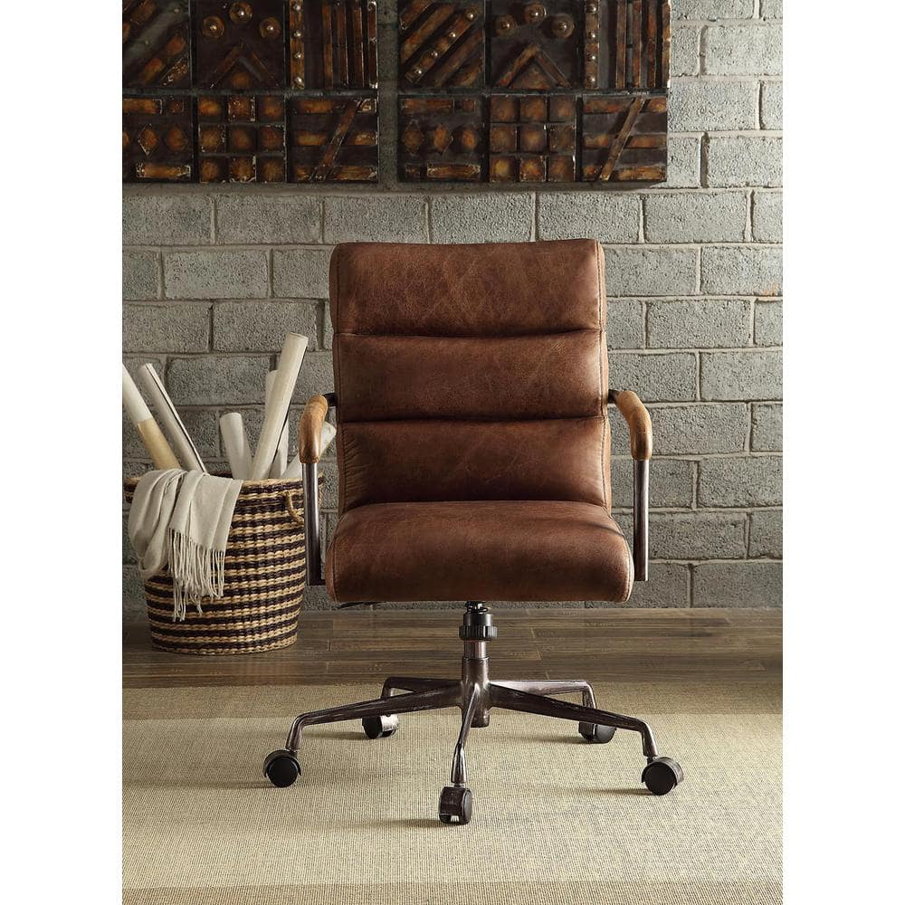 Harith Retro Brown Top Grain Leather Swivel Office Chair