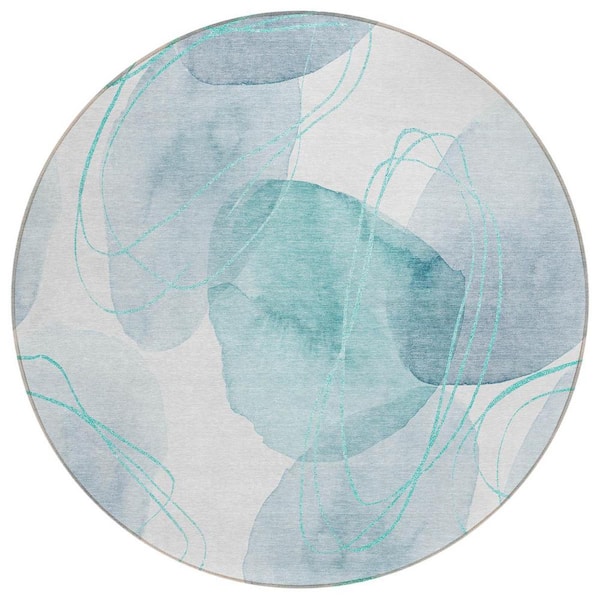 Teal and Ivory 8 ft. Round Woven Abstract Round Indoor/Outdoor Area Rug