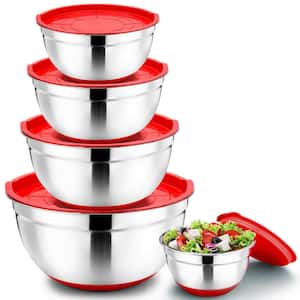 Large Nesting 5-Piece Stainless Steel Red Mixing Bowls with Non-Slip Base