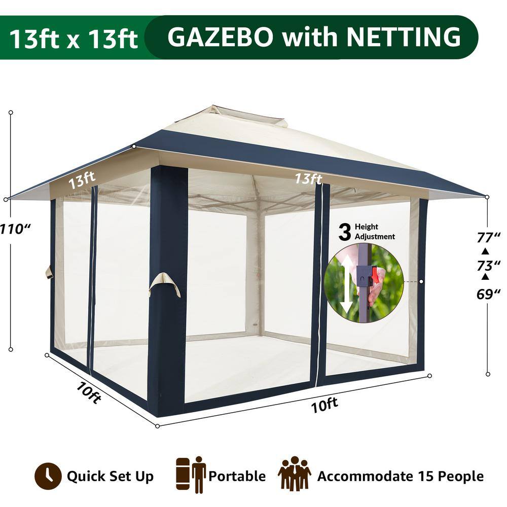Navy Blue 13x13 ft Steel Patio Gazebo with Netting