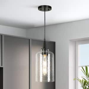 Modern Industrial 1-Light Matte Black Dome 6.1 in. Mini Pendant Light with Clear Hammered Glass for Kitchen, Bedroom
