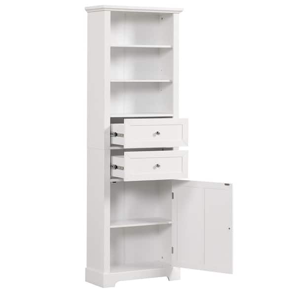Aoibox 22 in. W x 10 in. D x 67 in. H White Tall Bathroom MDF Linen Cabinet with One Door and Two Drawers, Adjustable Shelf