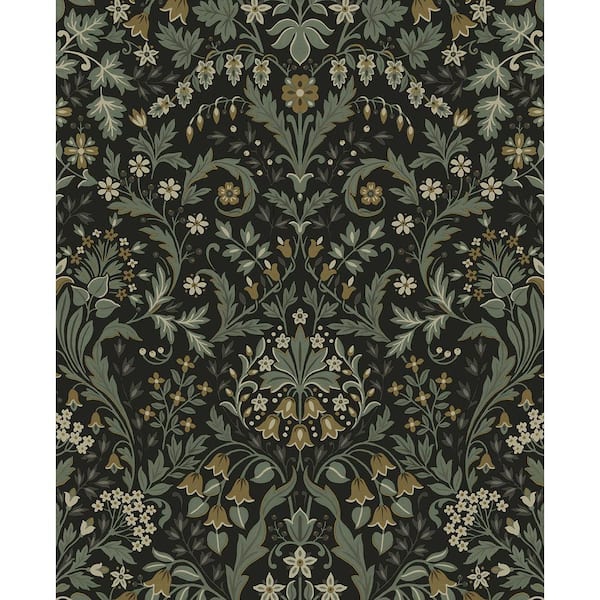 15.38 sq. ft. Ebony and Sage Filigree Floral Vinyl Peel and Stick Wallpaper Roll