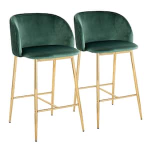 Fran Pleated Waves 36 in. Green Velvet and Gold Metal High Back Counter Height Bar Stool (Set of 2)