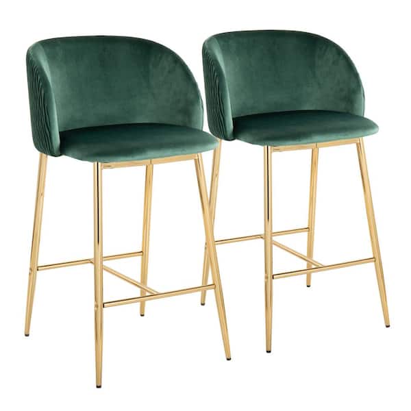 Lumisource Fran Pleated Waves 36 in. Green Velvet and Gold Metal High Back Counter Height Bar Stool (Set of 2)
