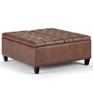 Harrison 36 in. Wide Transitional Square Coffee Table Storage Ottoman in Distressed Umber Brown Faux Leather